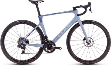 Cube Agree C:62 SLX road bike in shimmering blue-purple.