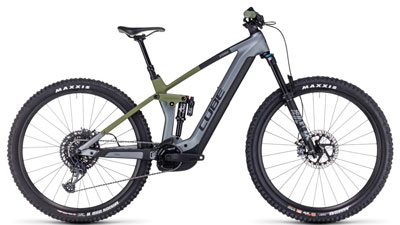 The image shows a gray Cube Stereo Hybrid 140 HPC TM e-bike with olive green details.