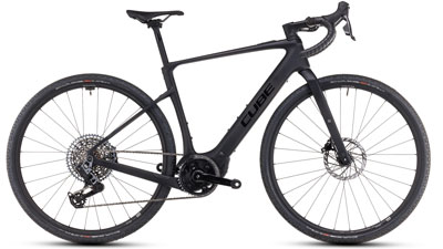 The image shows a black Cube Nuroad Hybrid Race e-bike.