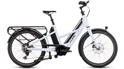 On display is a white Cube Longtail hybrid cargo bike.