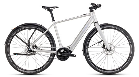 On display is a silver Cube Editor Hybrid Pro e-bike.