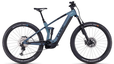 The image shows a blue Cube Stereo Hybrid 140 HPC SLX e-bike.