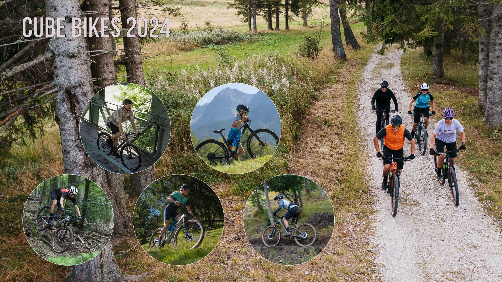 Banner with the title Cube Bikes 2024 featuring images of cyclists riding various Cube bikes, including a gravel bike, children's bike, mountain bike, and full-suspension bike.