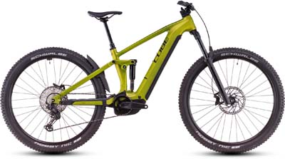 The image shows a yellow Cube Stereo Hybrid ONE44 Pro e-bike.