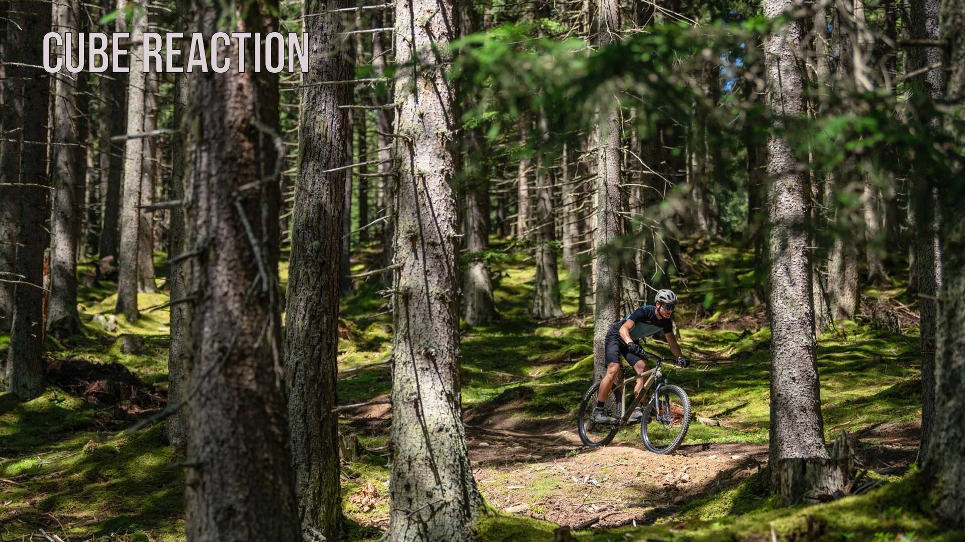 Cyclist riding a Cube Reaction hardtail mountain bike through a forest, caption of the image is Cube Reaction.
