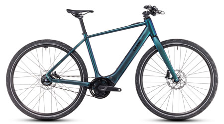 The image shows a blue Cube Editor Hybrid SLT e-bike.