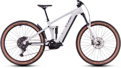 The image shows a white Cube Stereo Hybrid ONE44 Pro e-bike.