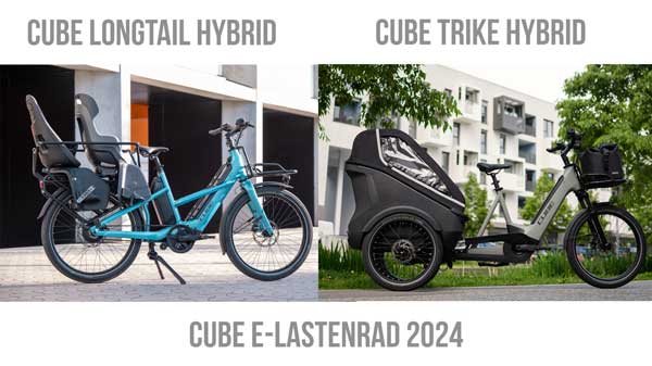 Banner with the inscription Cube E-Trekkingbike 2024. Below it, a Cube Supreme Hybrid and a Cube Kathmandu Hybrid, each with lettering in the image.