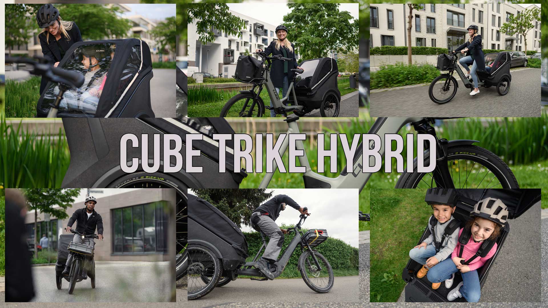 The image shows a collage entitled Cube Trike Hybrid, which depicts the Cube Trike cargo bike in various applications.