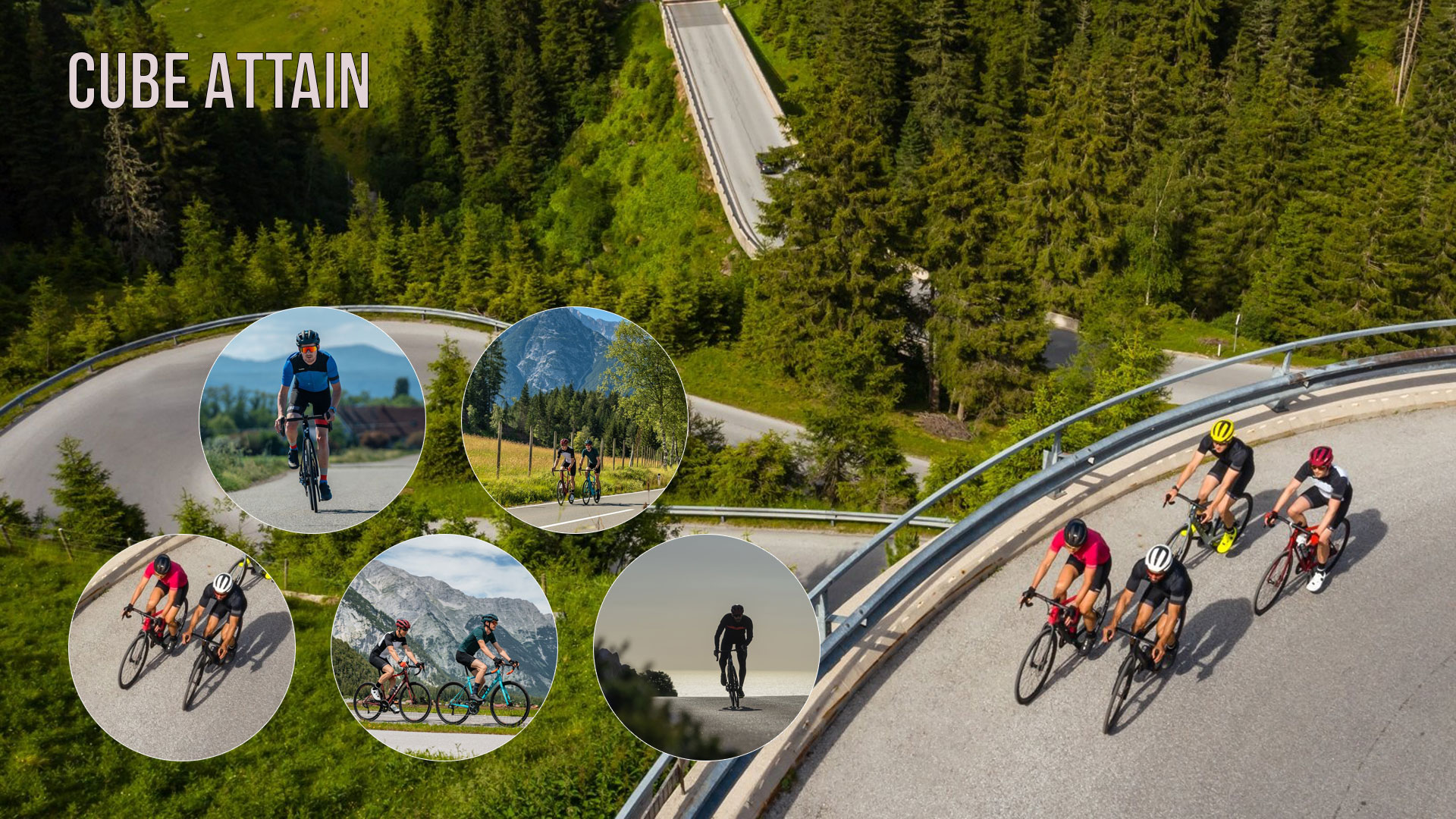 Banner with the words Cube Attain. Four cyclists ride on a highway on Cube Attain road bikes. Five circular images also show them on highways.