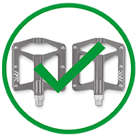A green hook on 2 bicycle pedals in a circle with a green border