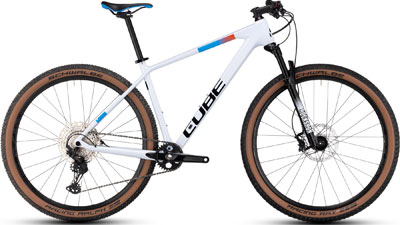 Cube Reaction C:62 Pro hardtail mountain bike in white with blue and orange details.