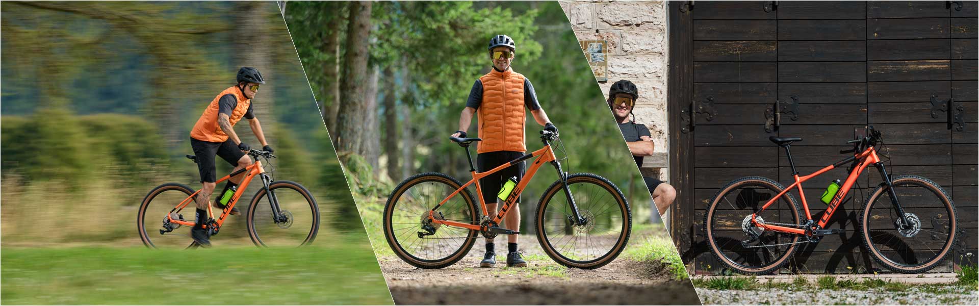 Banner with three images separated by white lines. On the left, a cyclist is riding standing up on a Cube Attention hardtail mountain bike. In the middle, he is standing behind the bike and holding it steady. On the right, he is sitting on a bench with the Cube Attention leaning against the wall.