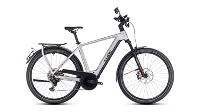 The image shows a gray Cube Kathmandu Hybrid 45 e-bike.