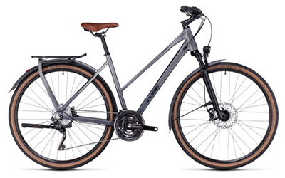 Cube Kathmandu trekking bike in silver with trapezoidal frame.