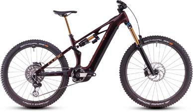 On display is a dark red Cube Stereo Hybrid ONE44 Pro e-bike with gold shock absorbers.