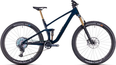 Cube Stereo ONE44 C:68X SLT Fully Mountain Bike in Dark Blue.