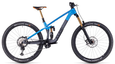 Cube Stereo ONE55 C:62 SLT Fully Mountain Bike in blue with gray lower frame.