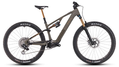 The image shows a brown Cube AMS Hybrid bicycle with gold shock absorbers.