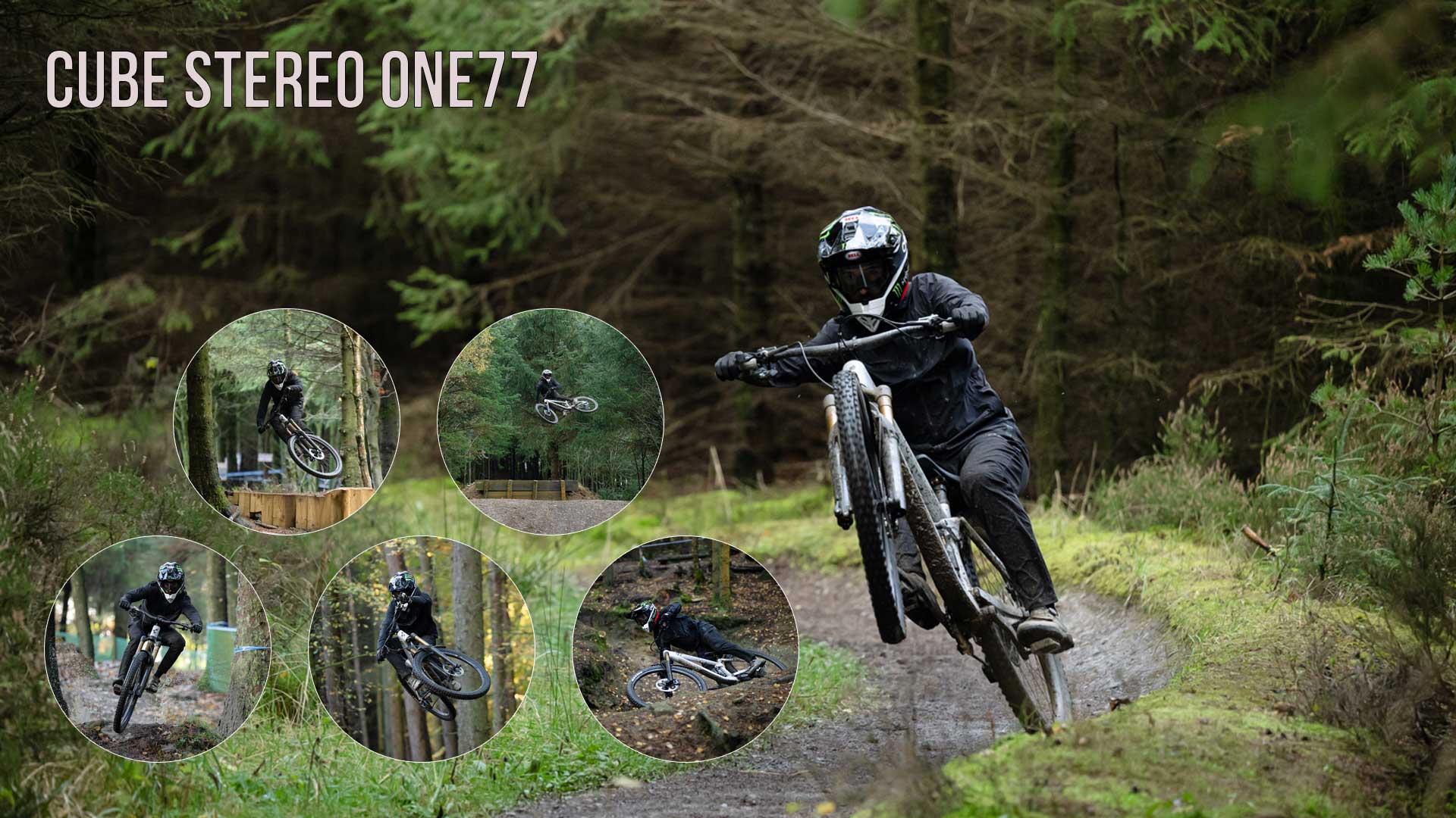 Banner with the title Cube Stereo ONE77. Cyclist wearing a full-face helmet rides on the rear wheel of a Cube Stereo ONE77 Fully mountain bike, the front wheel is in the air. Five circular images show him in the forest, in three of which he is jumping high.