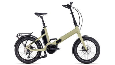 The image shows a beige Cube Fold Hybrid 500 e-bike.