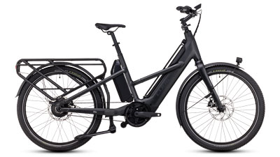 The image shows a black Cube Longtail hybrid cargo bike.