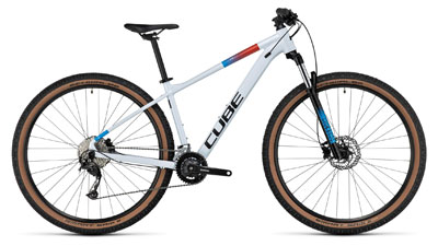 Cube Aim SLX hardtail mountain bike in white with red and turquoise details.