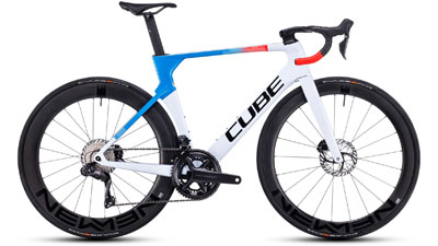 Cube Litening AERO C:68X Race road bike in white with blue and orange details.