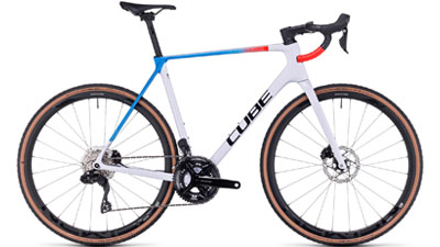 Cube Cross Race C:62 SLX road bike in white with blue and orange details.