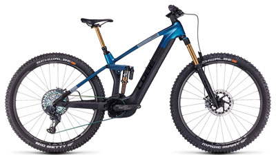 The image shows a blue Cube Stereo Hybrid 140 HPC SLT e-bike with gold shock absorbers.