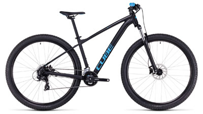 Cube Aim hardtail mountain bike in dark blue with light blue Cube lettering and light blue grips.