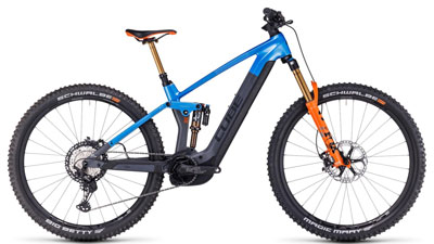 The image shows a gray Cube Stereo Hybrid 140 HPC TM e-bike with blue and orange details.