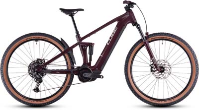 The image shows a dark red Cube Stereo Hybrid ONE22 Pro e-bike.