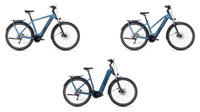 On display are three blue Cube Kathmandu hybrid e-bikes, each with a diamond frame, a trapezoidal frame, and a low step-through frame.