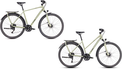 Two Cube Kathmandu ONE bikes, one with a diamond frame and one with a trapezoidal frame