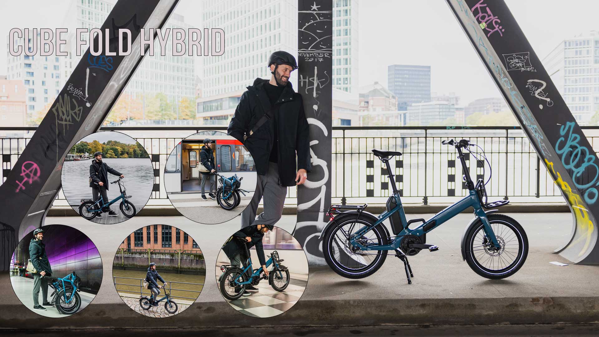 The image shows a collage entitled Cube Fold Hybrid, depicting several cyclists riding the Cube Fold Hybrid in urban scenes.