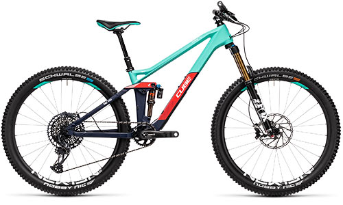 Cube Fully mountain bike for women in turquoise green and red.