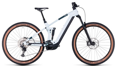 The image shows a white Cube Stereo Hybrid 140 HPC Pro e-bike with black details.