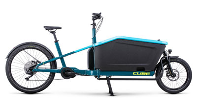 The image shows a blue Cube Cargo Hybrid 500 cargo bike.
