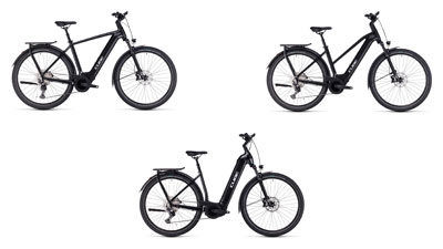 On display are three black Cube Kathmandu Hybrid e-bikes, each with a diamond frame, a trapezoidal frame, and a low step-through frame.