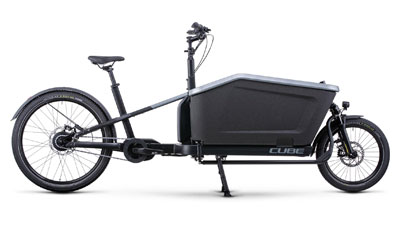 The image shows a gray Cube Cargo Hybrid 500 cargo bike.