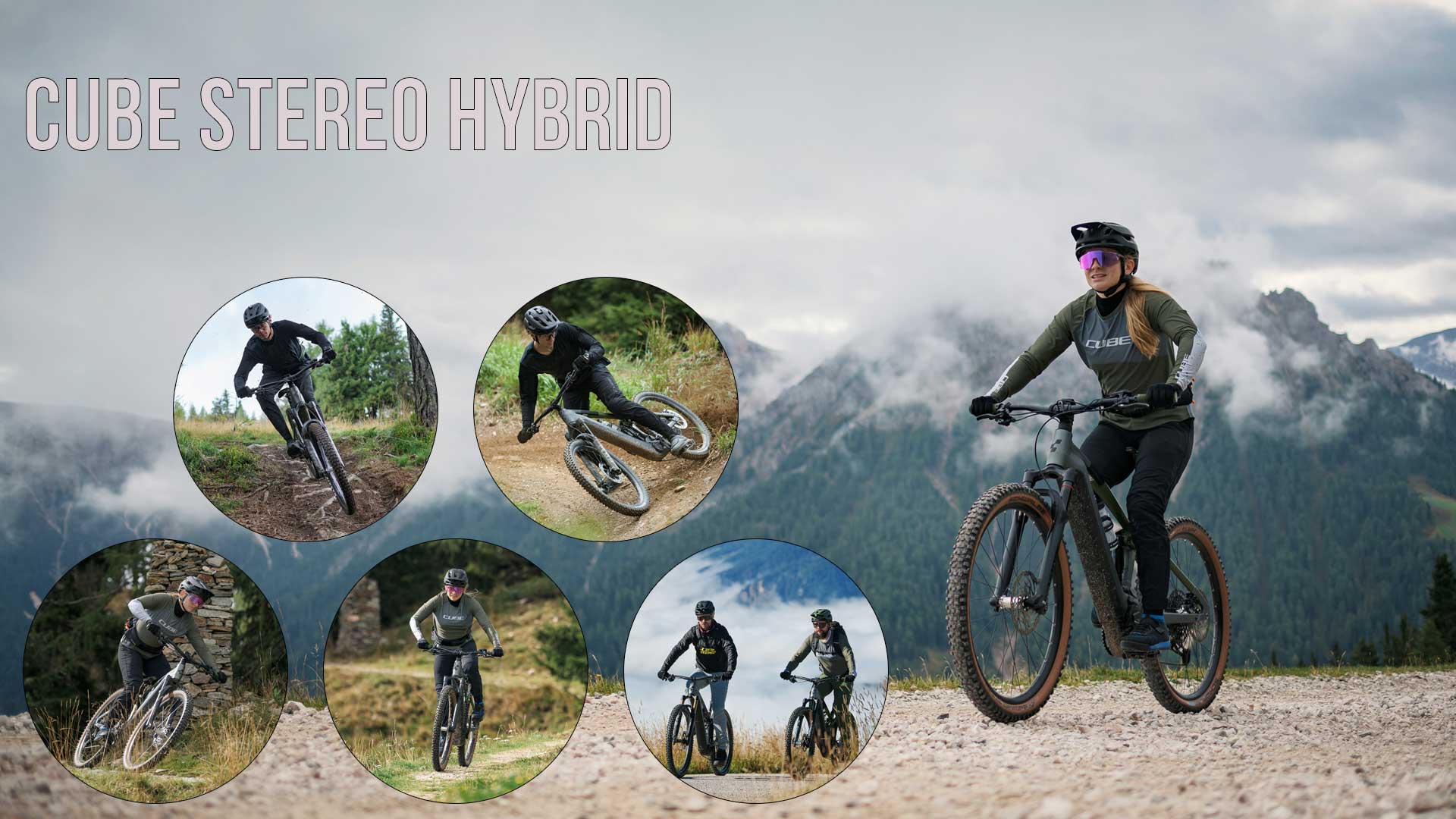 The image shows a collage entitled Cube Stereo Hybrid. It depicts several cyclists riding through mountainous and wooded countryside.