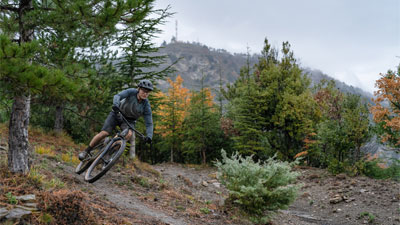 Cyclist riding in the forest on a Cube Stereo Fully mountain bike.