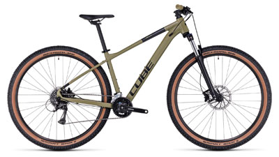 Cube Aim Race hardtail mountain bike in shiny olive green.