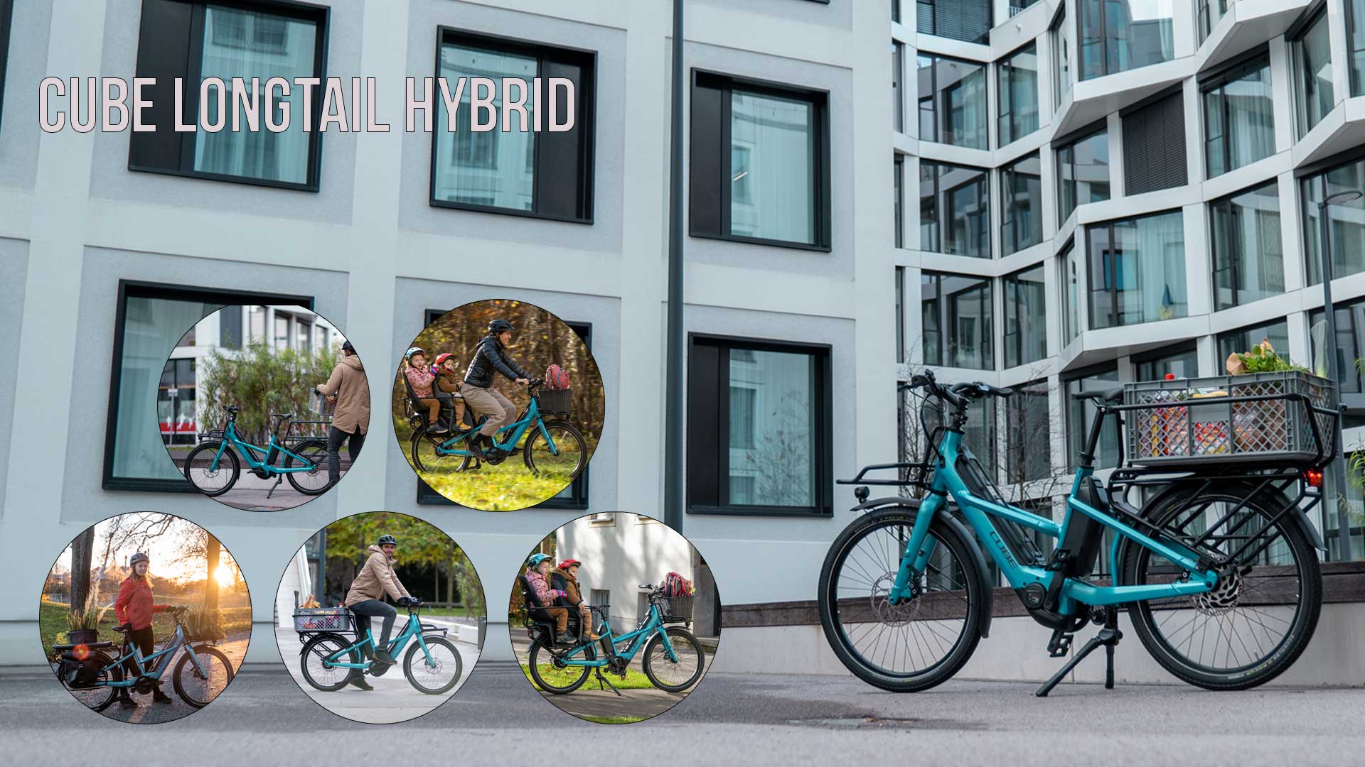 The image shows a collage entitled Cube Longtail Hybrid, featuring several pictures of cyclists riding the Cube Longtail in an urban setting.
