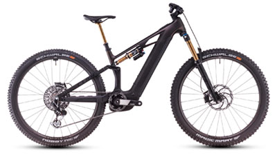 The image shows a gray Cube Stereo Hybrid ONE22 e-bike with gold shock absorbers.
