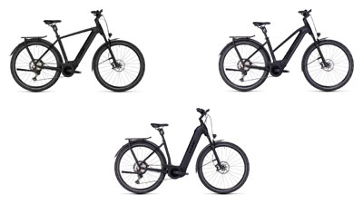 On display are three black Cube Kathmandu Hybrid e-bikes, each with a diamond frame, a trapezoidal frame, and a low step-through frame.