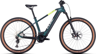 The image shows a dark green Cube Reaction Hybrid bike with neon yellow details.