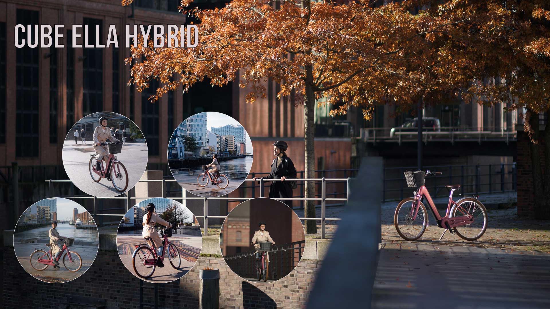 The image shows a collage entitled Cube Ella Hybrid, featuring several images in an urban setting.