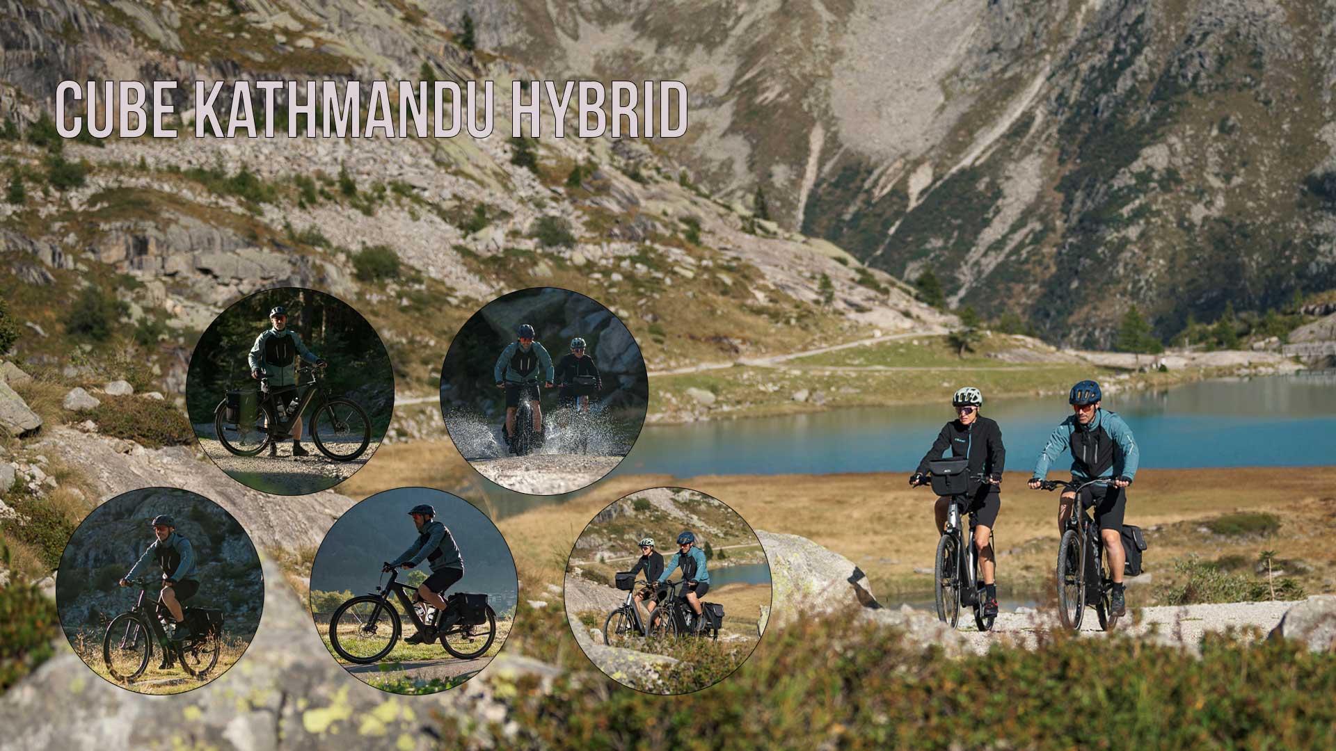 The image shows a collage entitled Cube Kathmandu Hybrid, featuring several images of cyclists riding the Cube Kathmandu Hybrid in mountainous terrain.